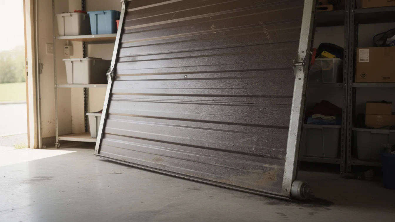 A brown garage door panel rests on a concrete garage floor next to shelving.