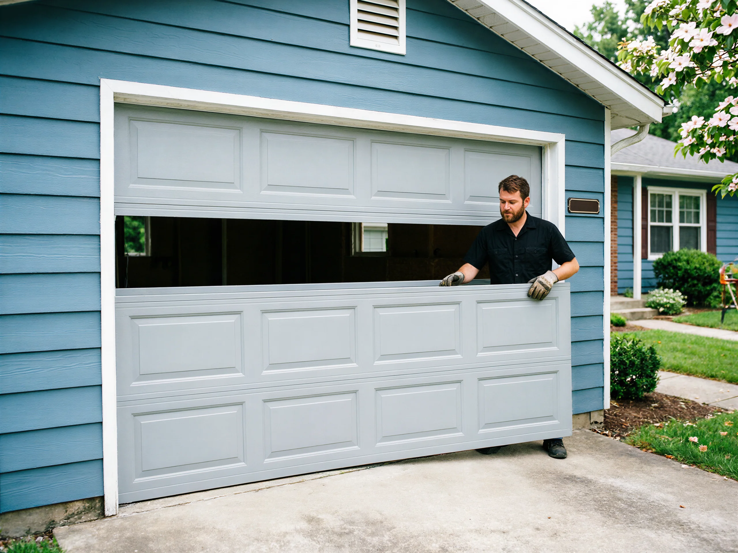 A technician is installing a light gray garage door on a blue house.